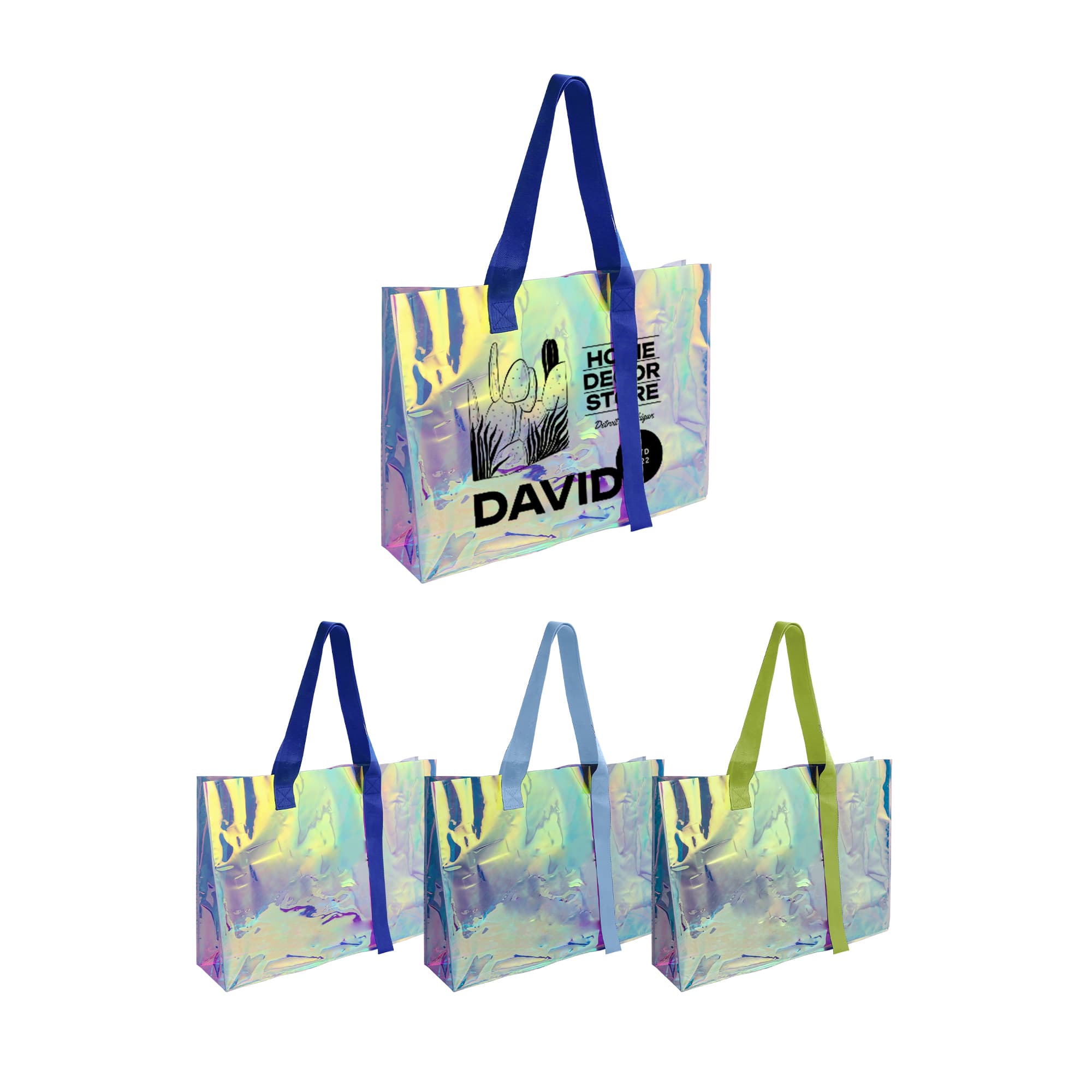 A colourful transparent PVC tote bag with blue handles, available in multiple shades, featuring a logo. Colorful Transparent PVC Tote Bag - Image 1