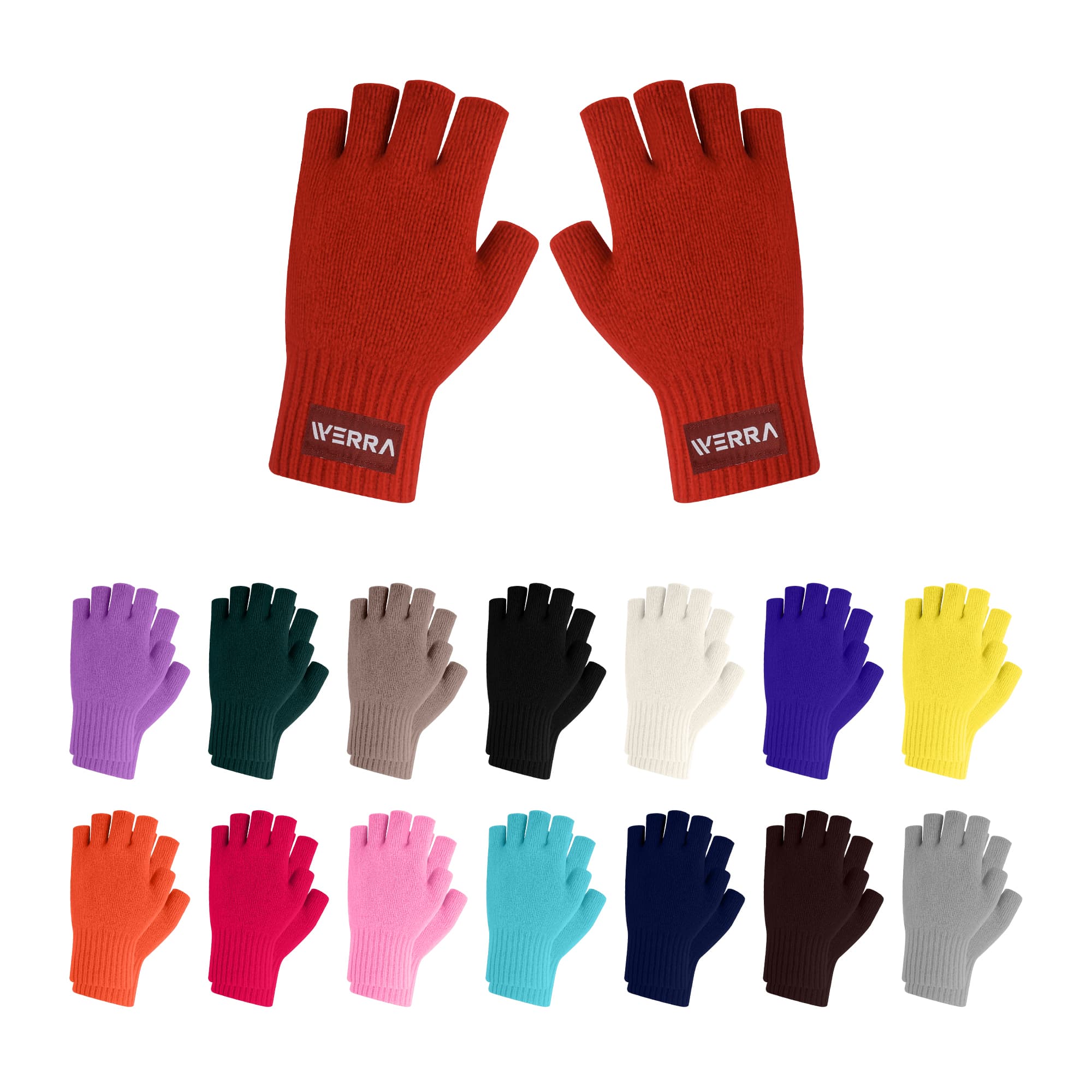 A pair of red knitted fingerless gloves with woven label, accompanied by a variety of gloves in multiple colours. Kids Plain Knitted Fingerless Gloves with Woven Label - Image 1