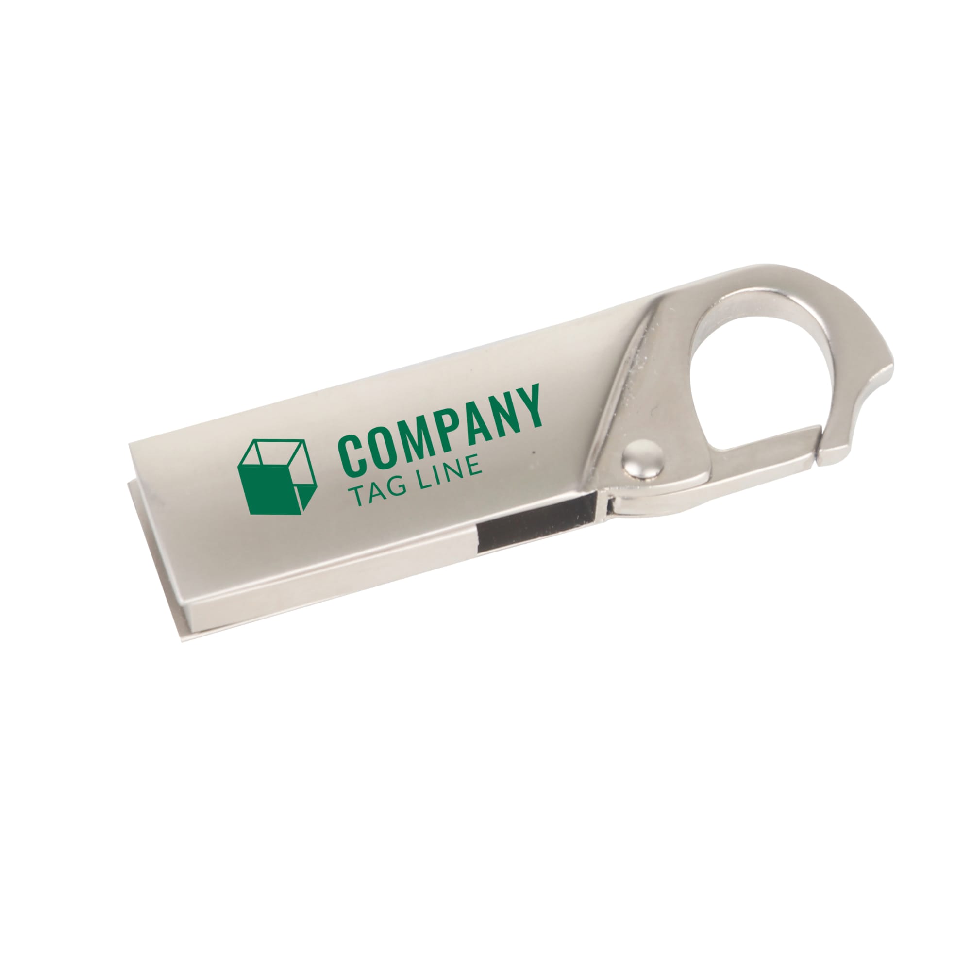 A silver Clip Lock Flash Drive with a loop for carrying, featuring a logo on the side. Clip Lock Flash Drive - Image 1