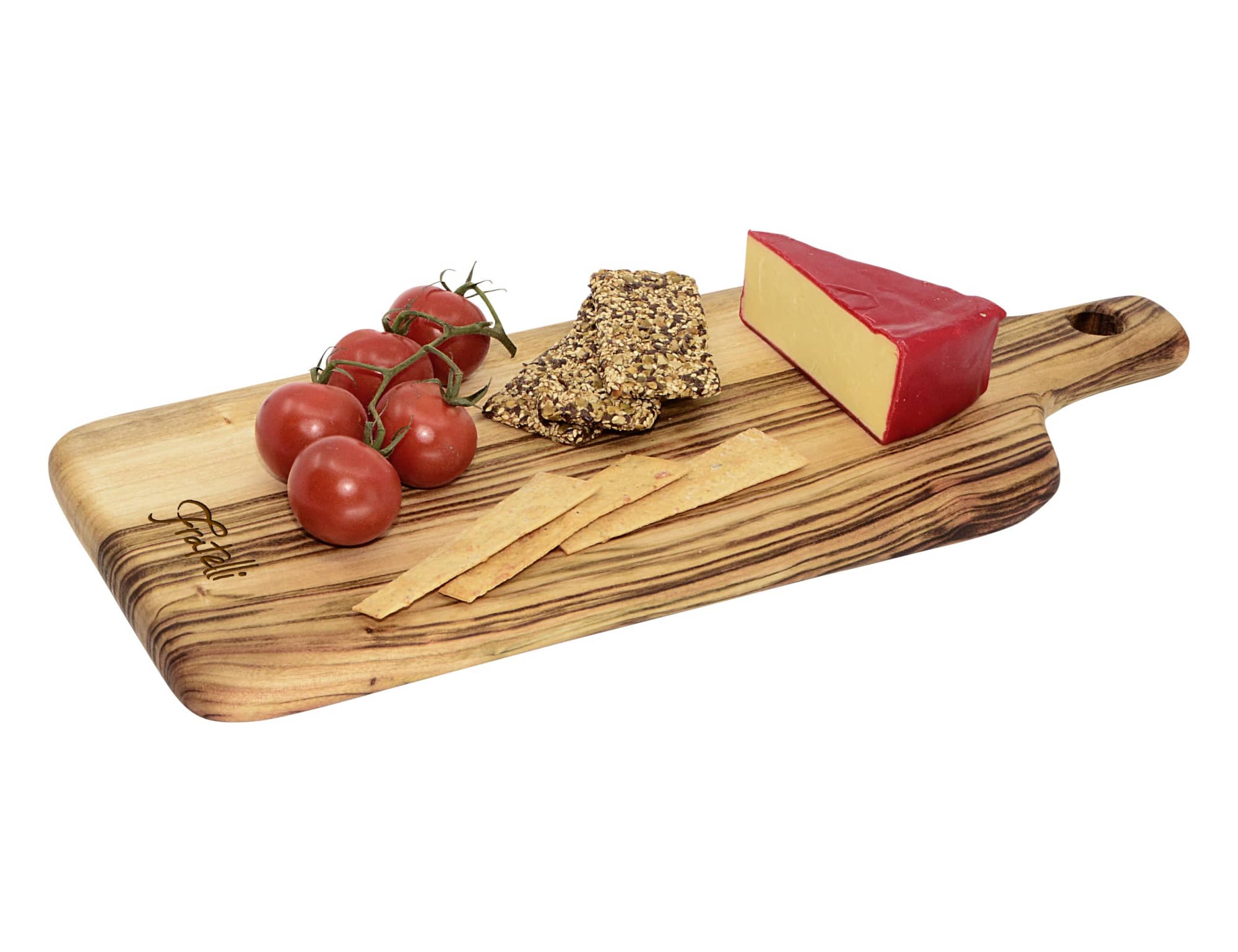 A large wooden serving board with a natural finish, featuring cherry tomatoes, cheese, and crackers. Lawson Serving Board Large - Image 1