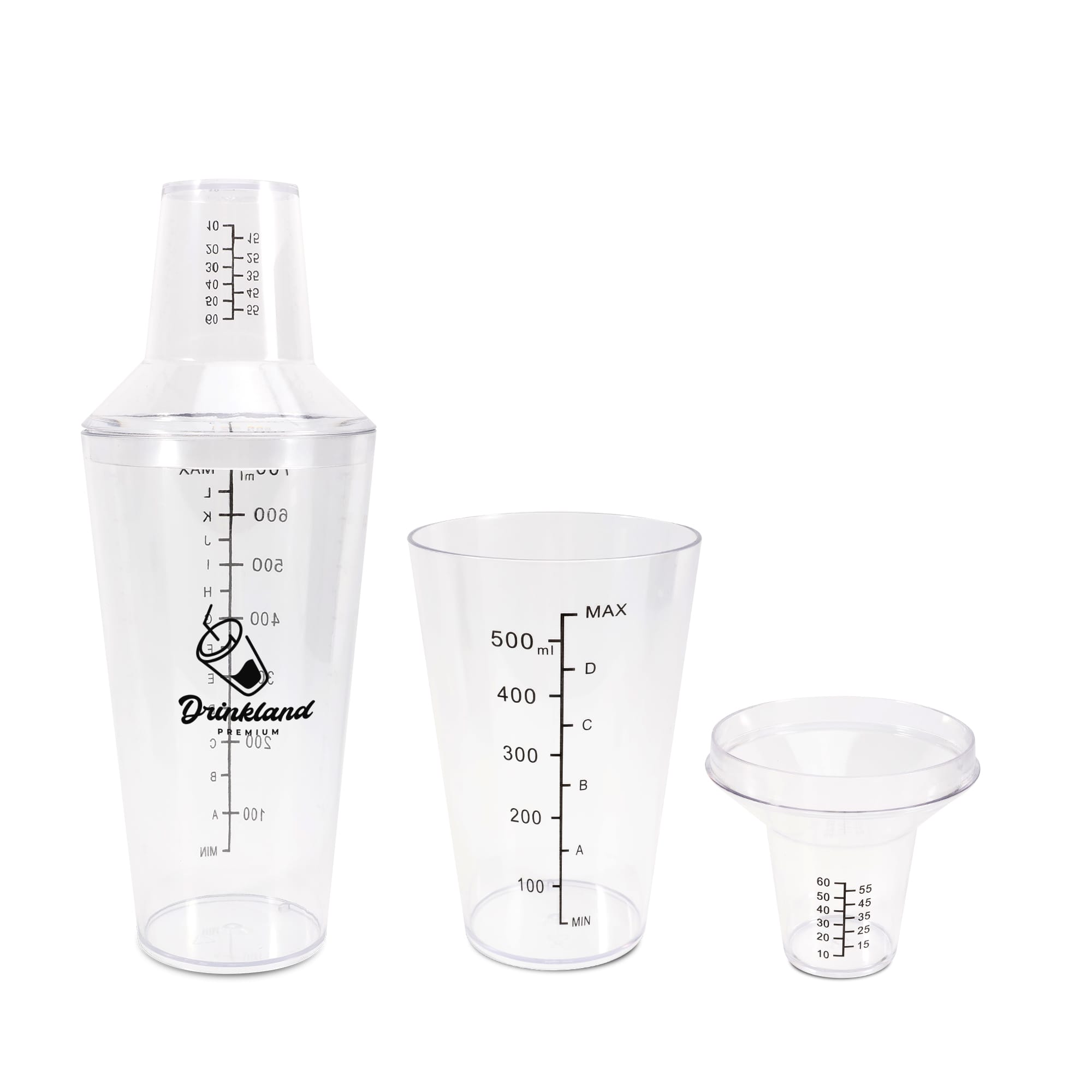 A drink bottle set featuring a clear shaker, measuring cup, and funnel, with a logo displayed on the shaker. Classic Shaker with Measuring Cap - Image 1