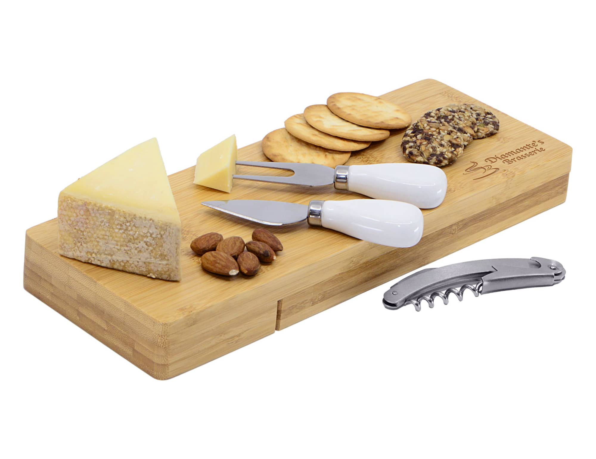 A bamboo cheese board featuring cheese wedges, crackers, almonds, and three cheese knives with white handles. Picnic Cheese Set - Image 1