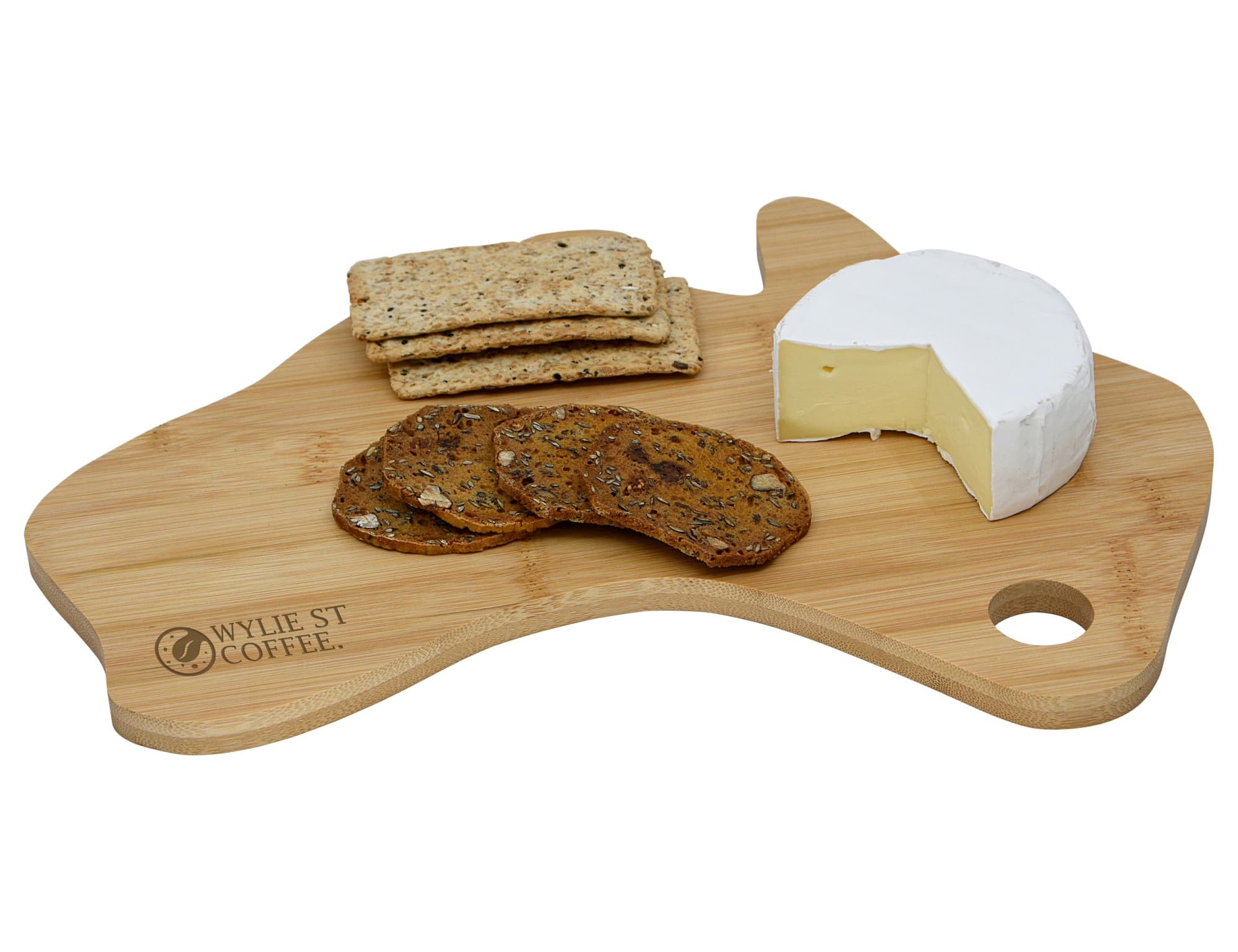 A bamboo cheese board shaped like Australia, featuring cheese and assorted crackers. It has a logo. Down Under Cheese Board - Image 1