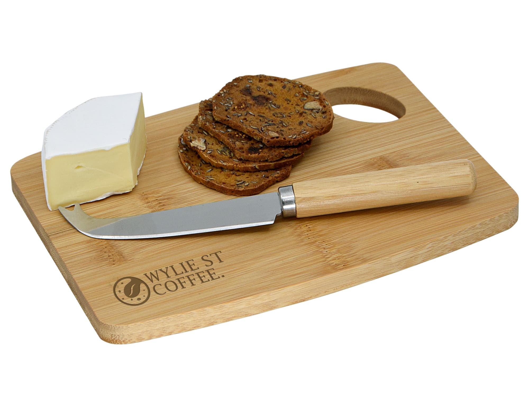 A bamboo cheese board with knife, featuring a wedge of cheese and a stack of crackers. The knife has a wooden handle. Foodie Cheese Set - Image 1