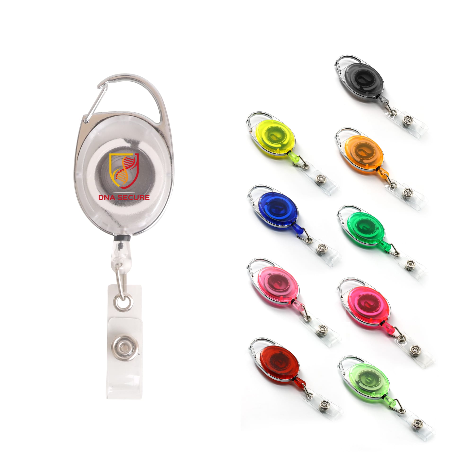 A retractable oval card holder in various colours, featuring a clip and a logo on the front. Retractable Oval Card Holder - Image 1