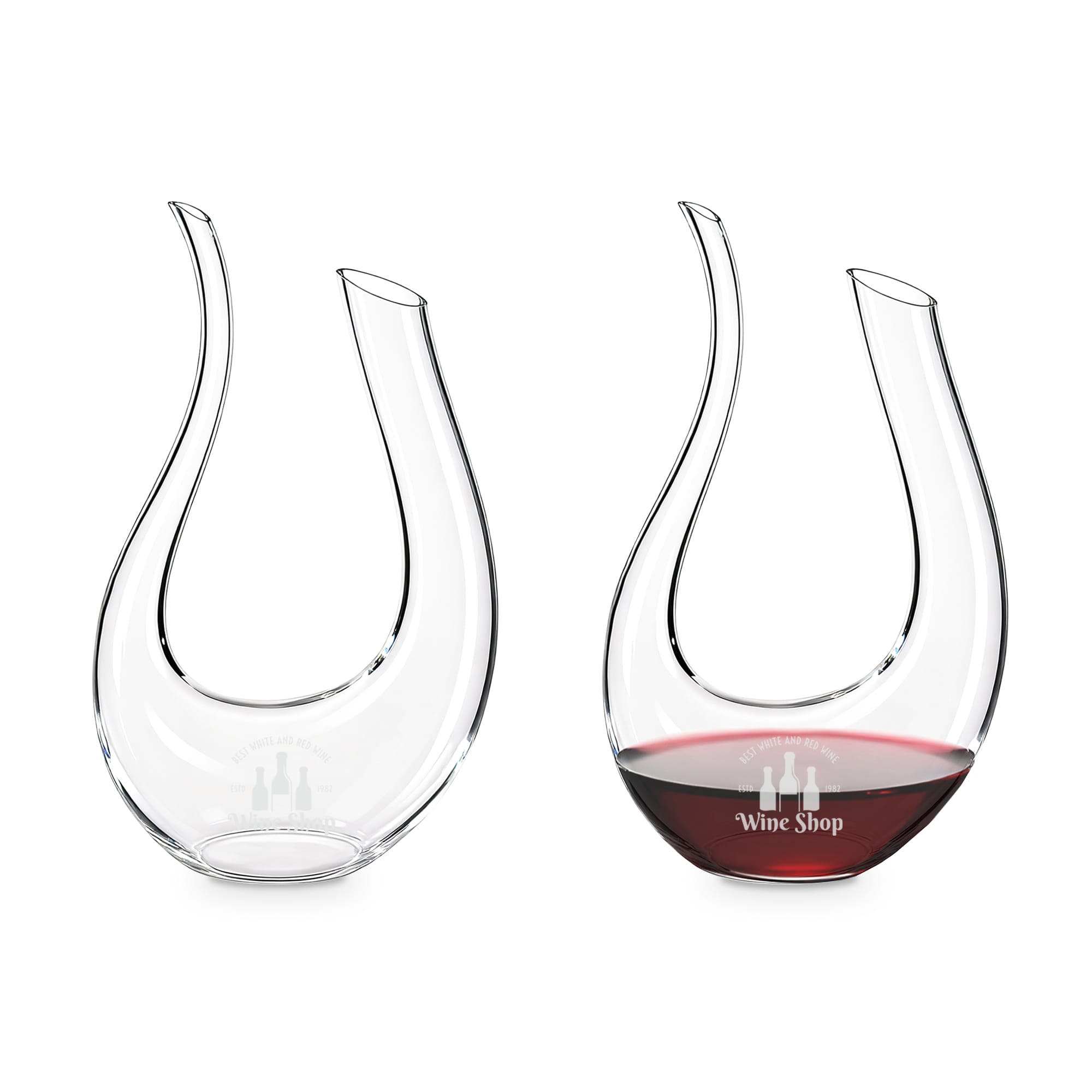 A U-shaped wine decanter made of clear glass, featuring a logo and filled with red wine. U-Shaped Wine Decanter - Image 1