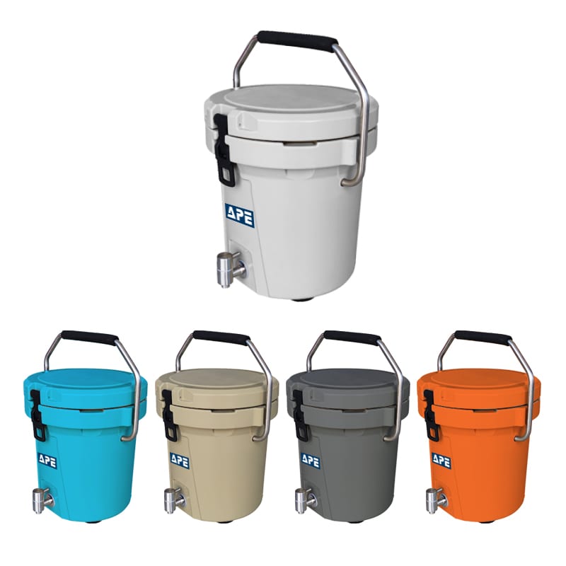 A 7L ice bucket with a faucet, available in light blue, beige, grey, orange, and white, featuring a handle and a logo. 7L Ice Bucket with Faucet - Image 1