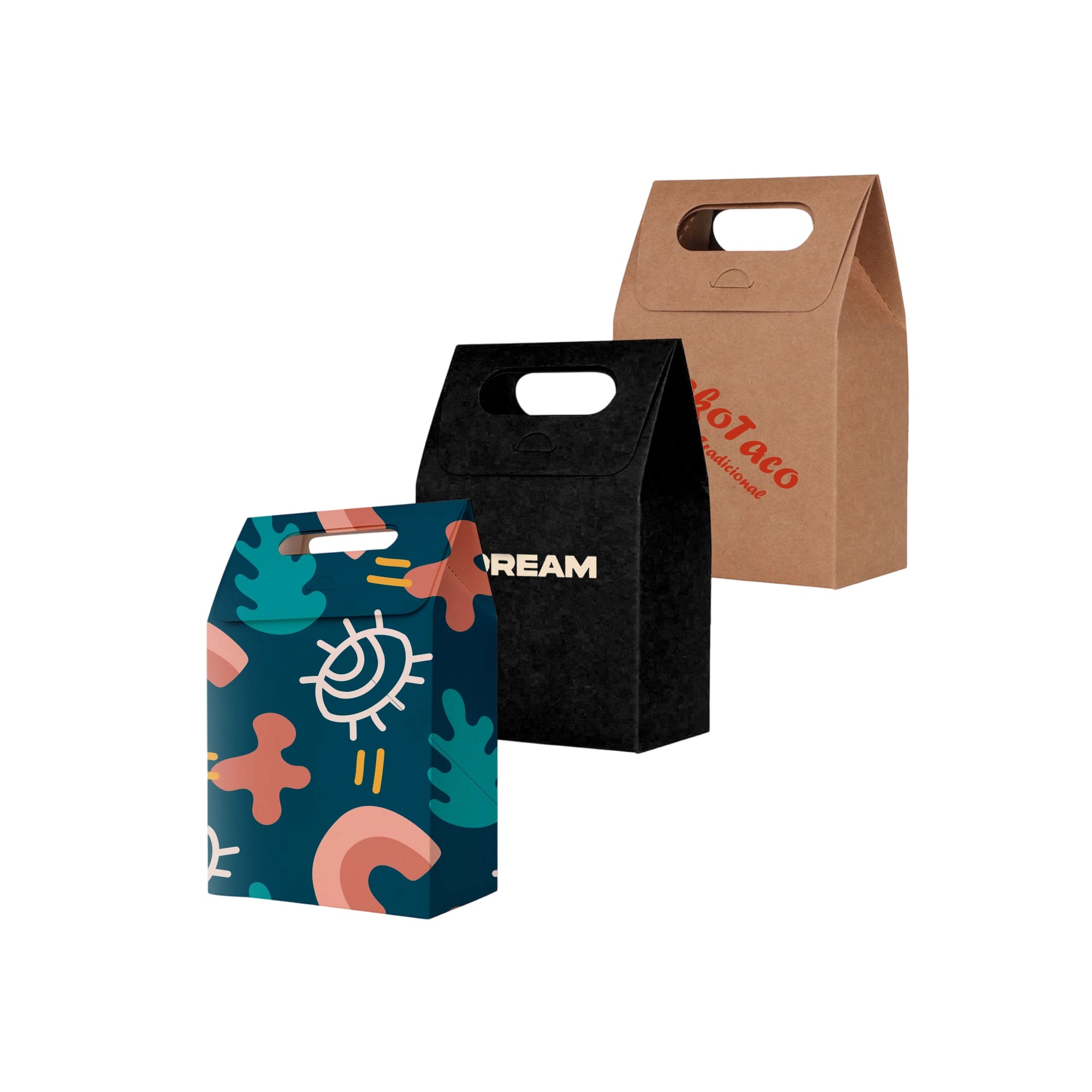 Three die cut handle bags in various colours: one patterned in blue with abstract shapes, a black one with a logo, and a brown kraft bag. Die cut Handle Bag(100x160x60mm) - Image 1