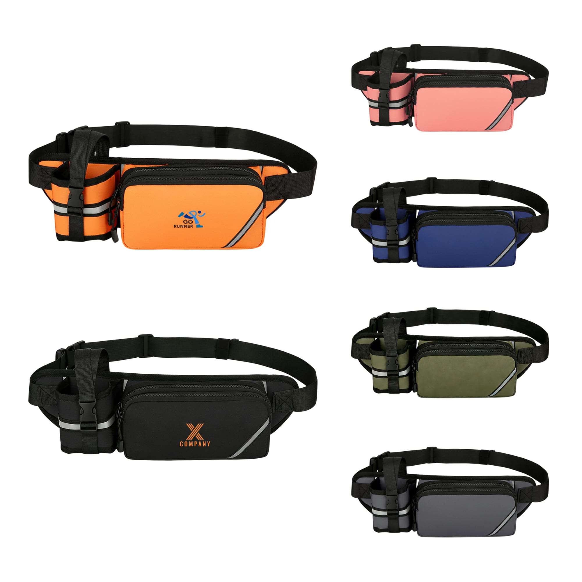 A drink bottle holder fanny pack in orange, pink, navy, black, and olive green with a logo. Waist Bag With Bottle Holder - Image 1