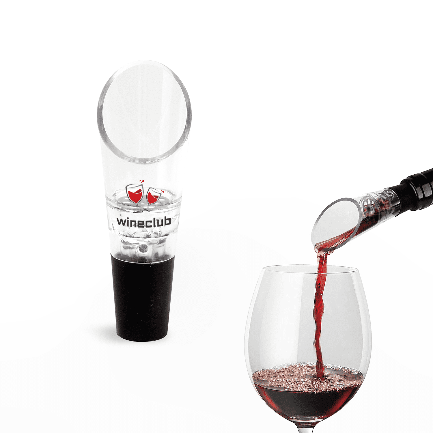 A wine aerator in clear plastic, pouring red wine into a glass, featuring a black base and a logo. Wine Aerator - Image 1