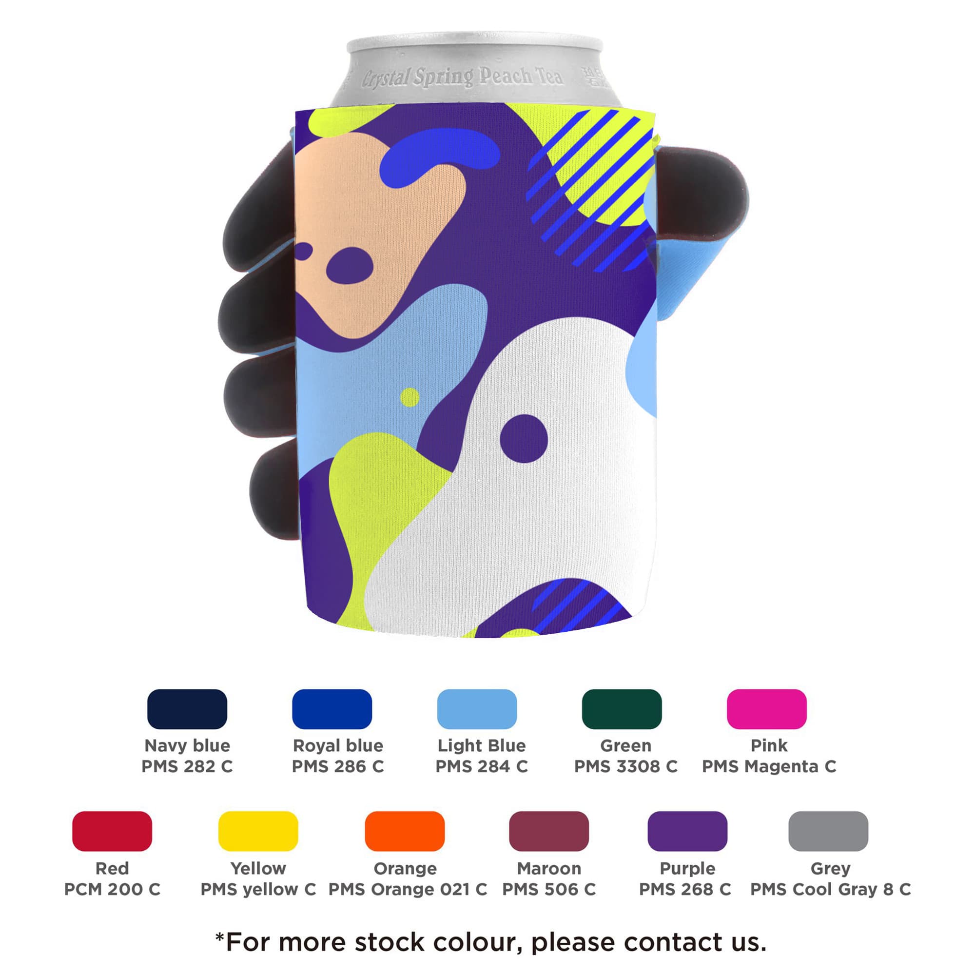 A drink bottle holder featuring a colourful abstract design in blue, purple, and yellow, with a black grip. Knuckle Buster Stubby Holder - Image 1