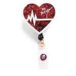 A red heart-shaped retractable badge with glitter and a logo, featuring a heartbeat line and a clip.