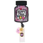A retractable badge holder shaped like a pill bottle, featuring pink glitter and various embellishments.
