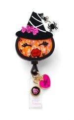 A retractable badge reel featuring a pumpkin design with a witch's hat, decorated in orange and black.