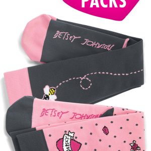 A pair of grey and pink compression socks featuring playful designs and patterns, packaged in a 2-pack.