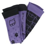 A set of three purple compression socks featuring black patterns, including animal prints and line designs.