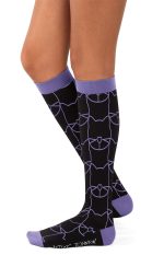 Compression socks in black with purple accents and a patterned design. Features a logo at the bottom.