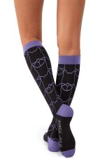 A pair of black compression socks with a purple pattern, featuring a logo on the side.