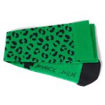 A pair of green compression socks featuring a black leopard print pattern and a black toe section.