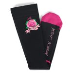 A pair of black compression socks featuring a pink toe and rose design, with a logo on one sock.