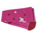 A pair of pink compression socks with a heart pattern and a red foot section, featuring a logo.