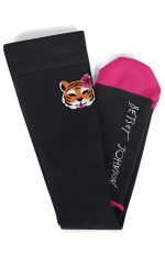Two black compression socks featuring a pink toe and a tiger design with a flower, including a logo.