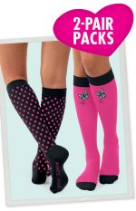 Two pairs of compression socks: one with black polka dots and one in pink featuring butterfly designs. Each has a logo.