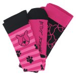 A pack of three compression socks featuring pink and black designs, including stripes and a paw print pattern.