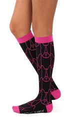 A pair of black compression socks featuring a pink pattern and cuffs, displayed on a model's legs.