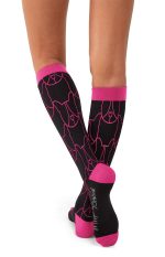 A pair of black compression socks with pink detailing, featuring a dog design and a logo.
