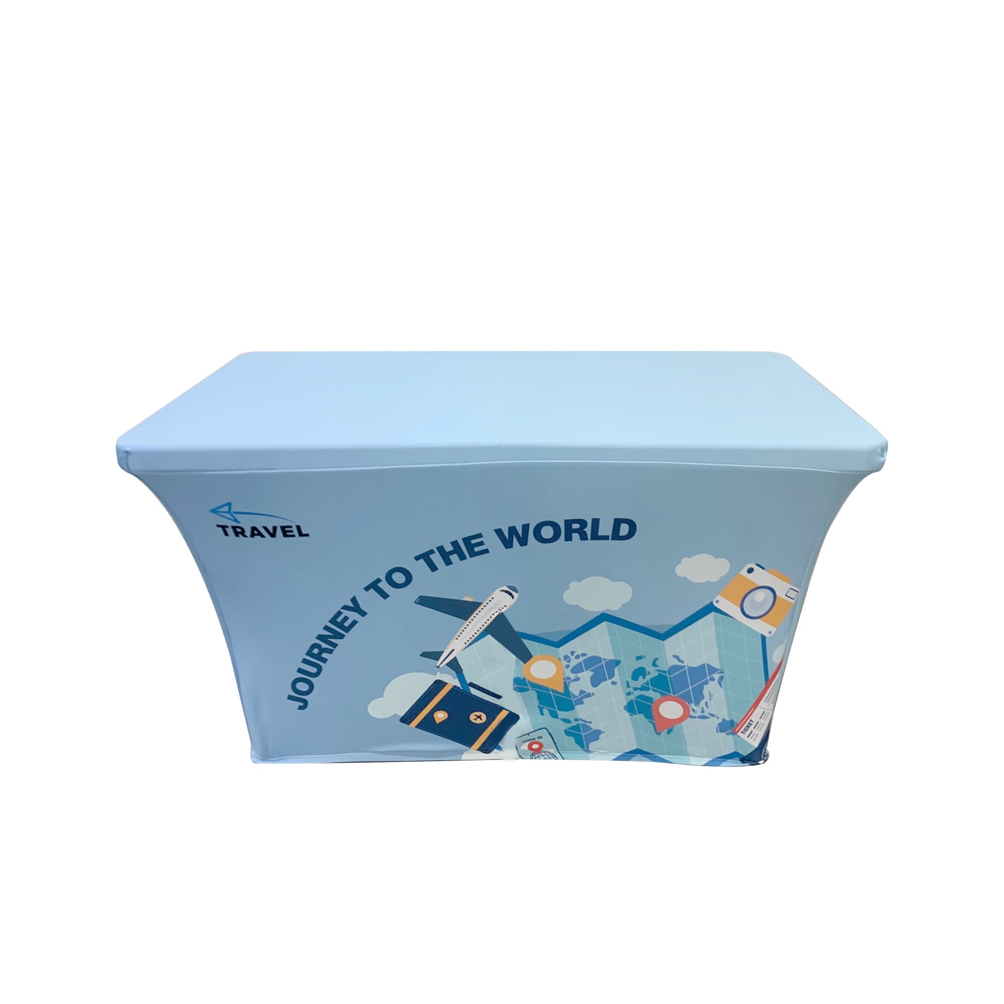 A light blue stretch table cover with a zip and a design featuring travel-related graphics and a logo. Stretch Table Covers with Zipper * 4ft - Image 1