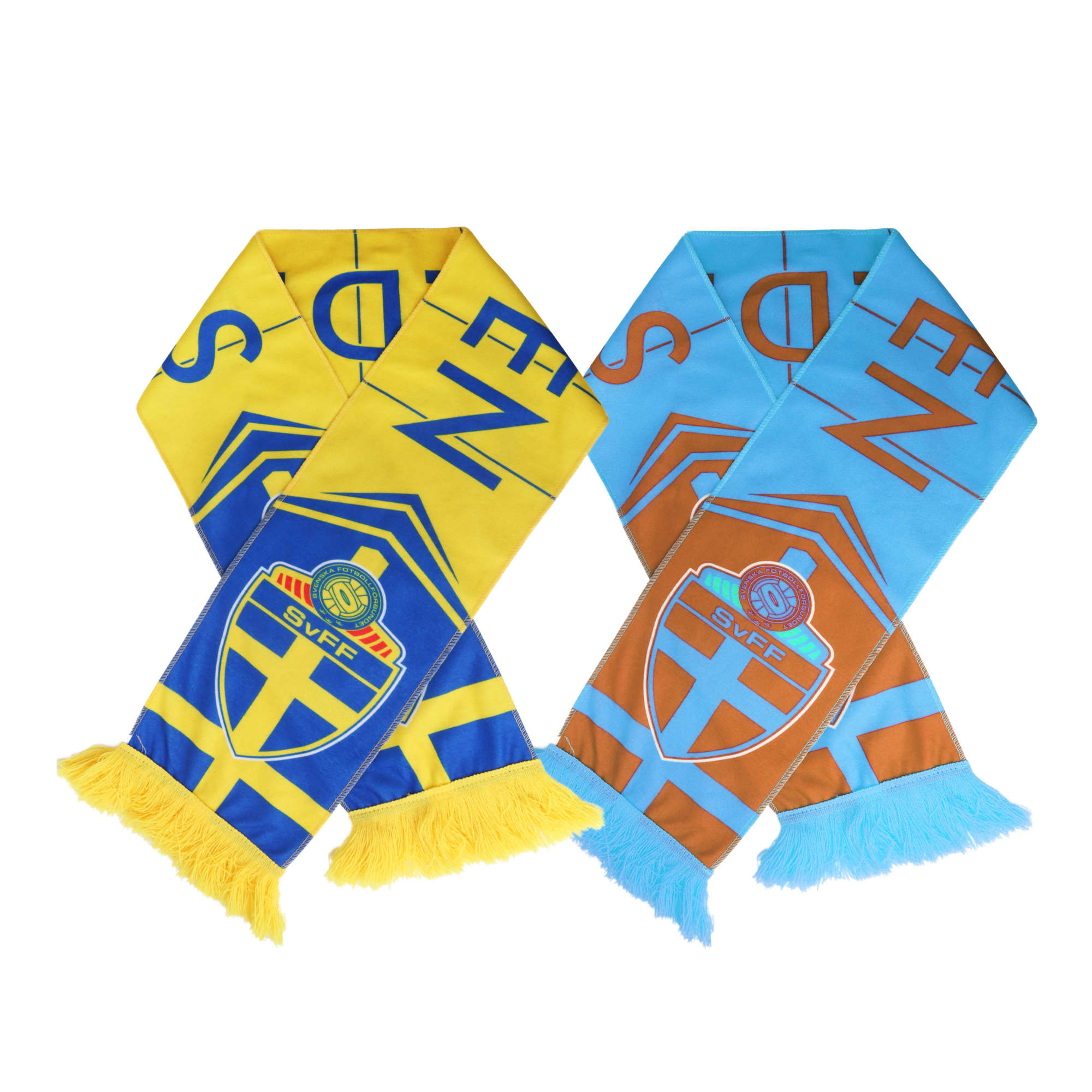 A fleece scarf in yellow and blue, alongside another in blue and orange, featuring branding and fringed ends. Fluffy Polyester Scarf - Image 1