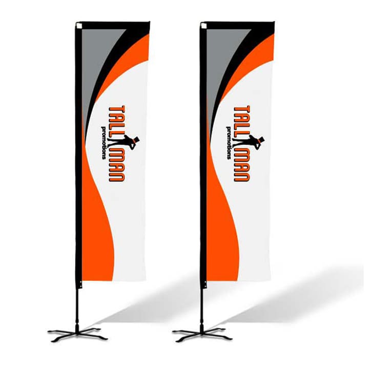 Two tall rectangular banners featuring a black, orange, and white design, with a logo present on each. Small(70*180cm) Rectangular Banners 10ft - Image 1