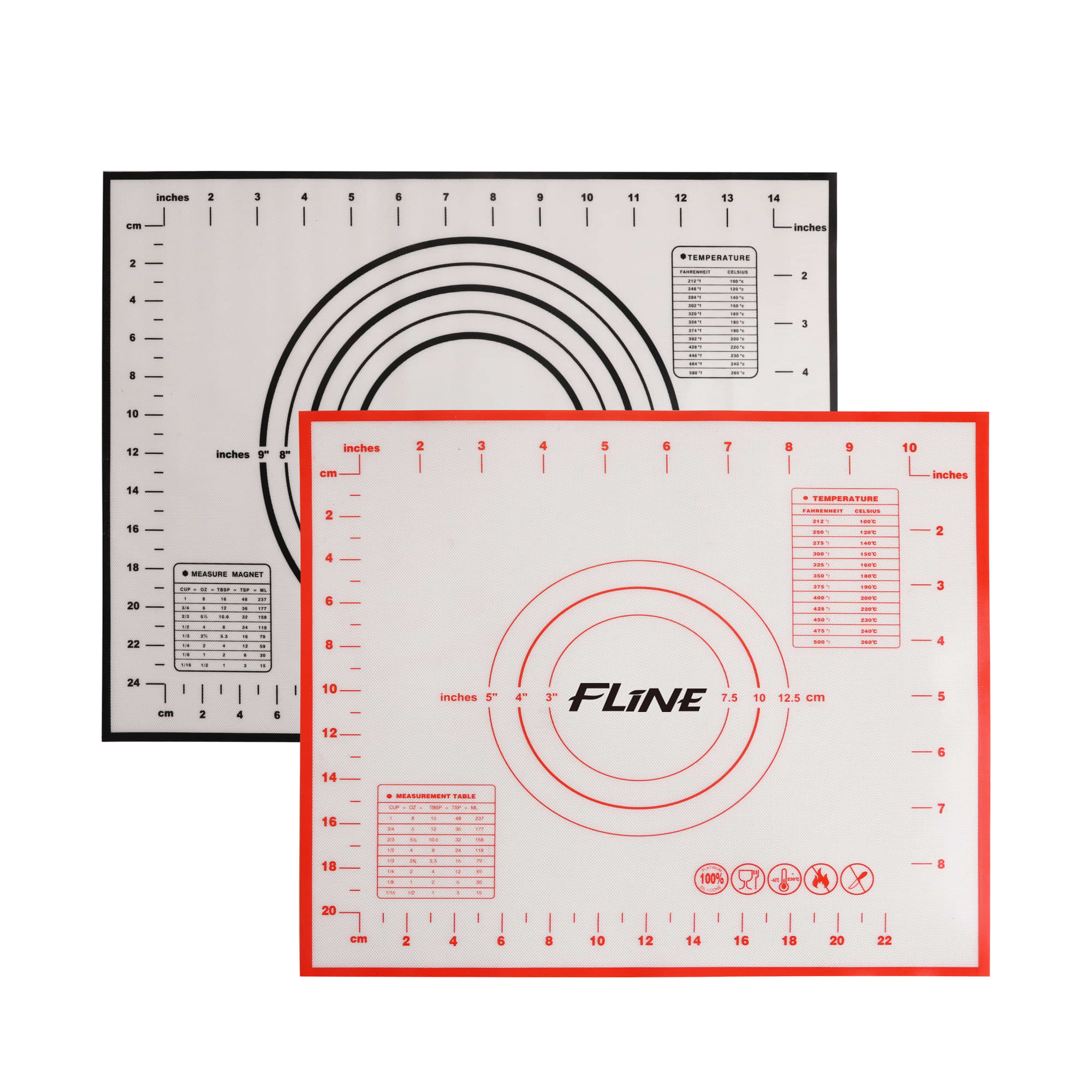 A silicone pastry mat in black and red featuring measurement markings and a logo. Silicone Pastry Mat - Image 1