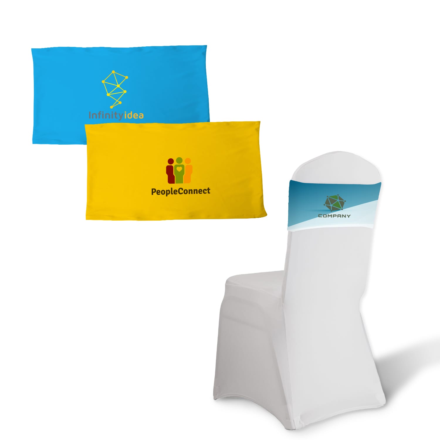 Chair cover with a white chair and three promotional chair bands in blue, yellow, and teal featuring logos. Chair Band - Image 1
