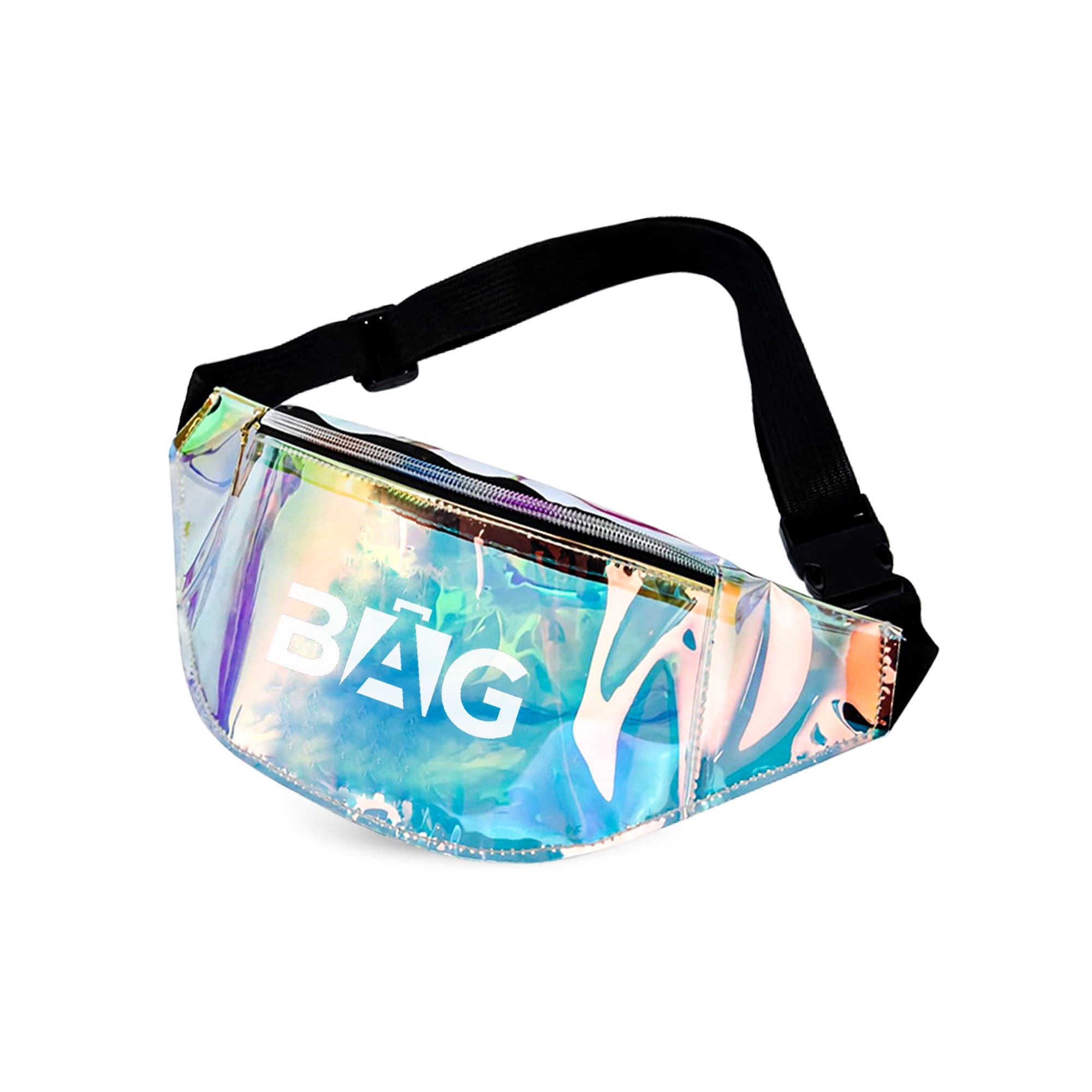 A reflective, iridescent bum bag with a black strap and a zippered compartment, featuring a logo on the front. Laser Waist Bum Bag - Image 1