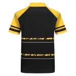 A black and yellow Hawaiian shirt featuring stripes and a logo on the back.