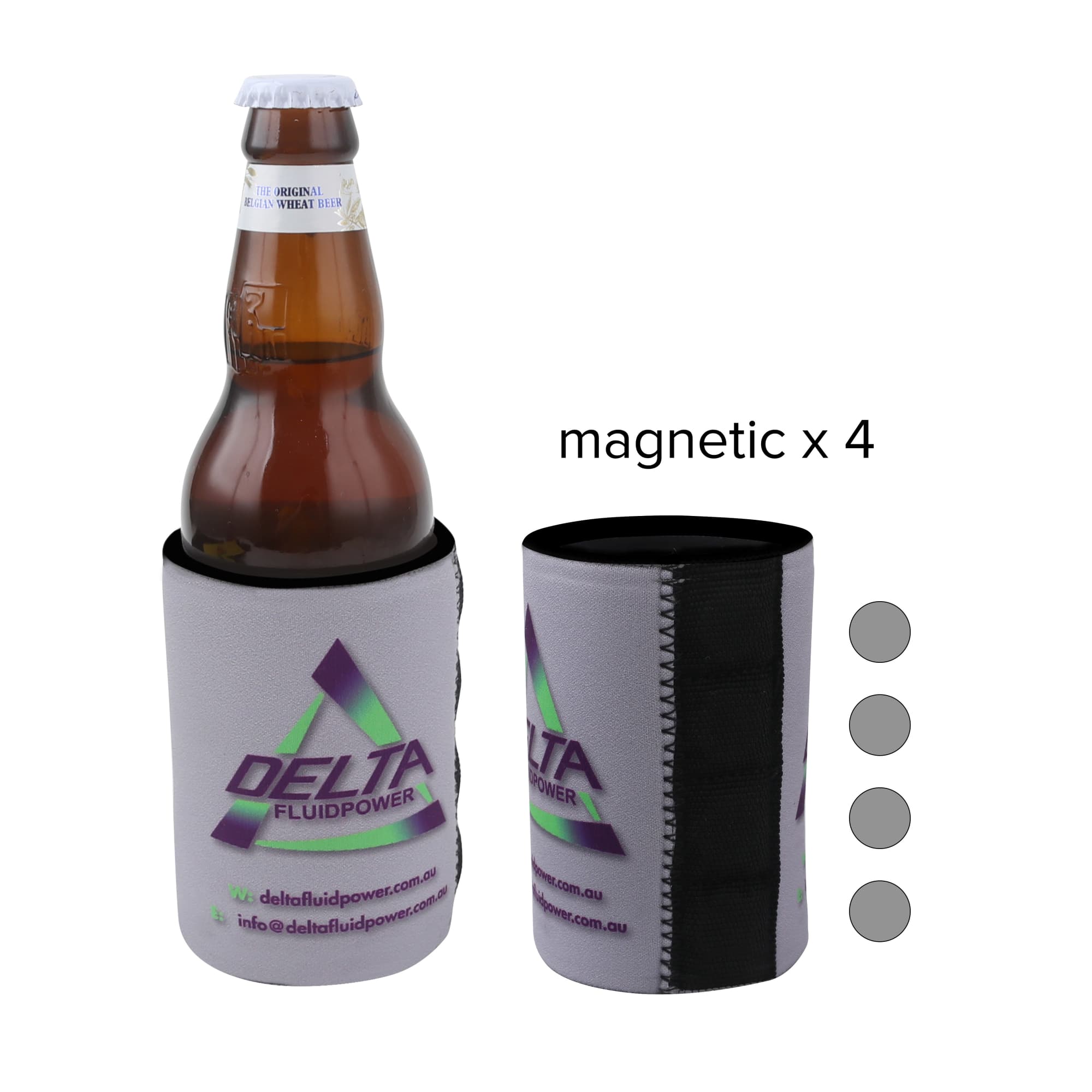 A drink bottle is held in a grey stubby holder with magnets, featuring a logo and a slim design. Magnet Stubby Holder - Image 1