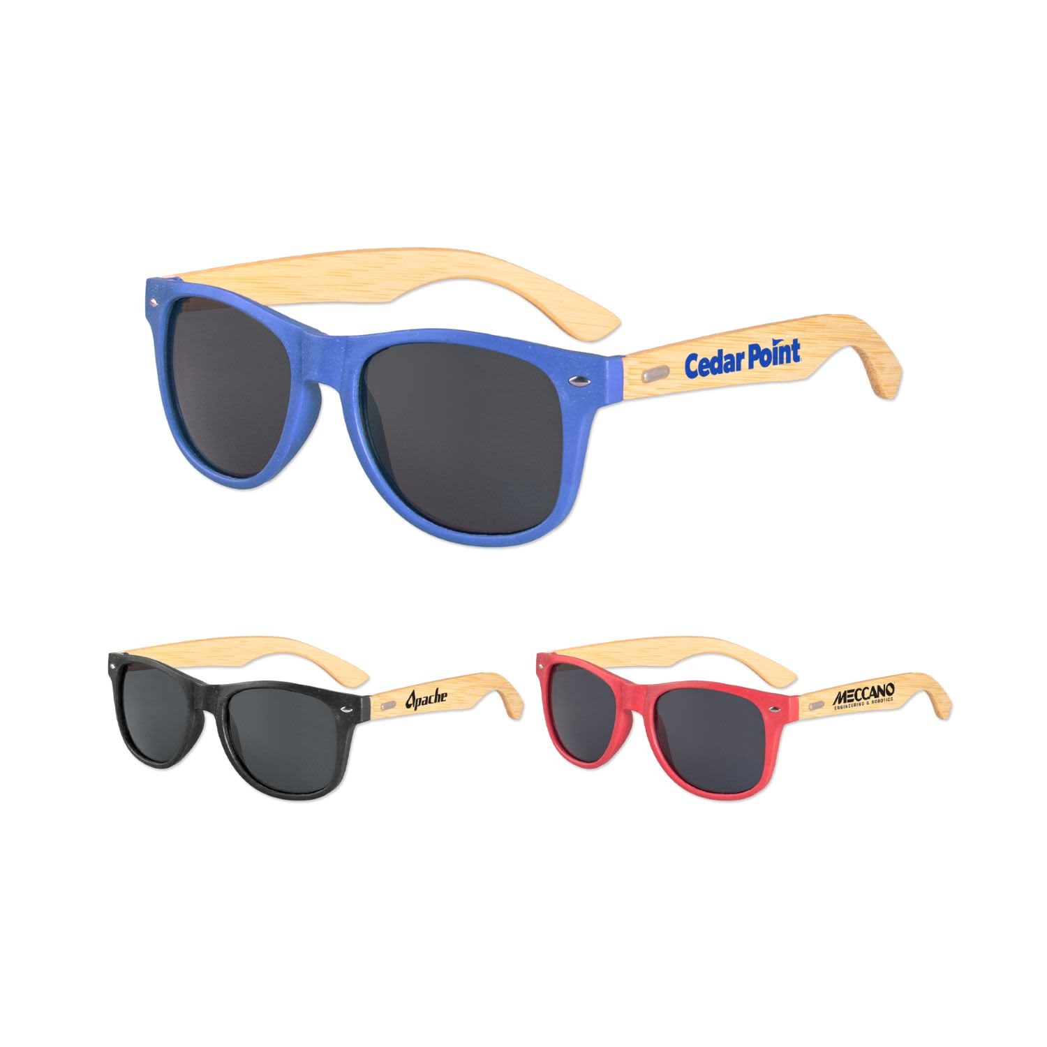 Fashion sunglasses with blue, black, and red frames, featuring bamboo arms and a logo on some models. Fashion Sunglasses with Bamboo Arms - Image 1