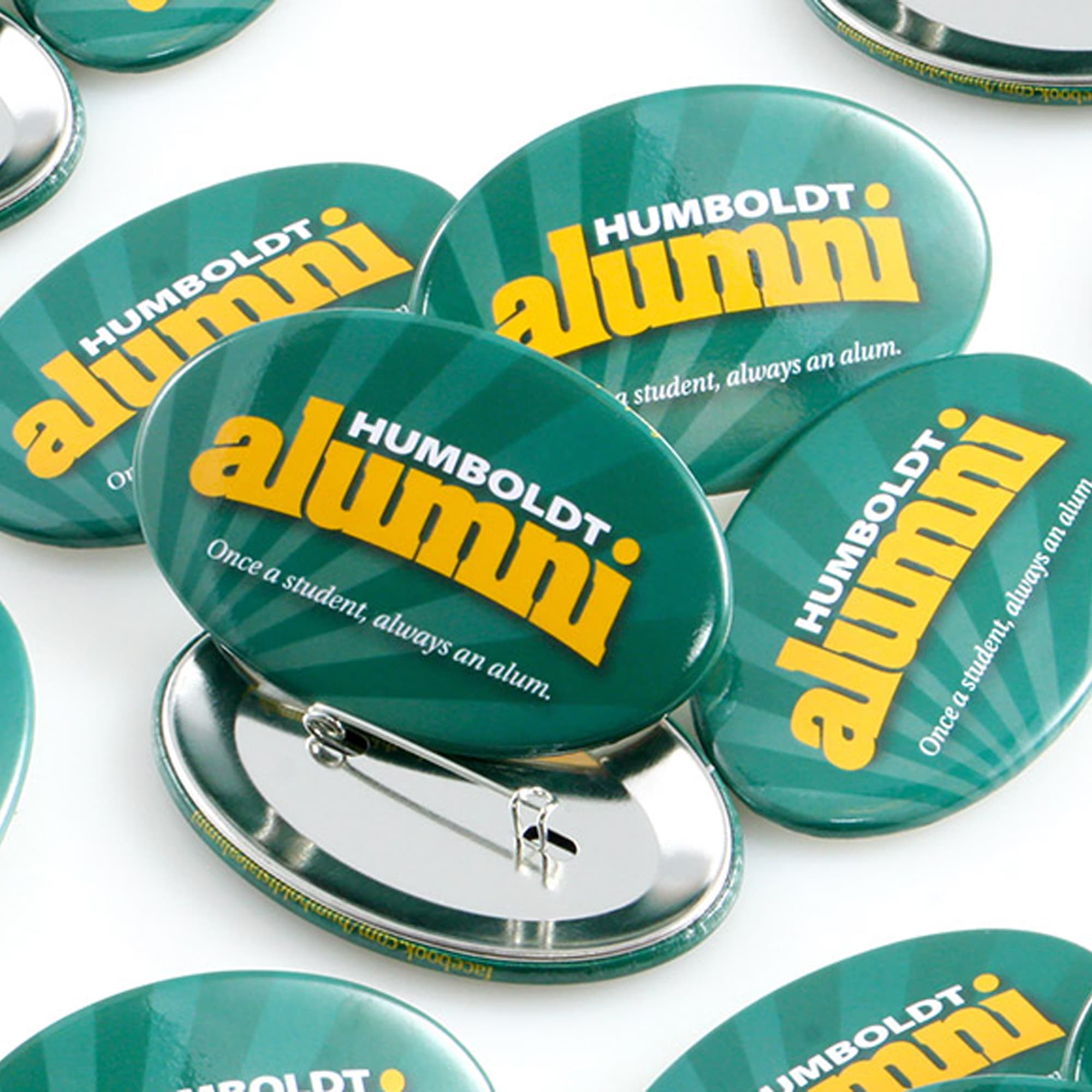 A collection of oval button badges in green with a logo and a pin backing. Button Badge Oval - Image 1