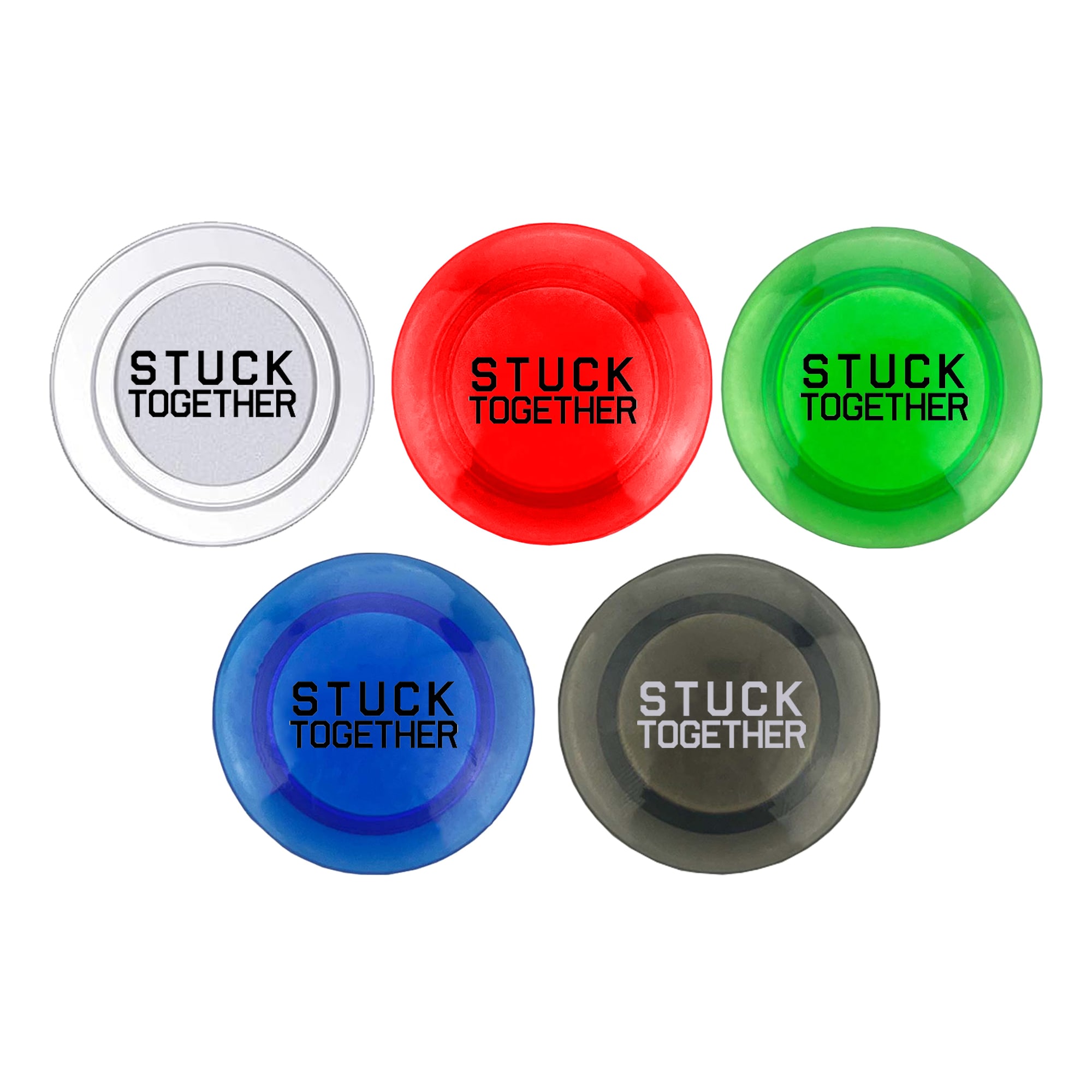 Five plastic button magnets in assorted colours: clear, red, green, blue, and black. Each has a logo on the surface. Plastic Button Magnet - Image 1