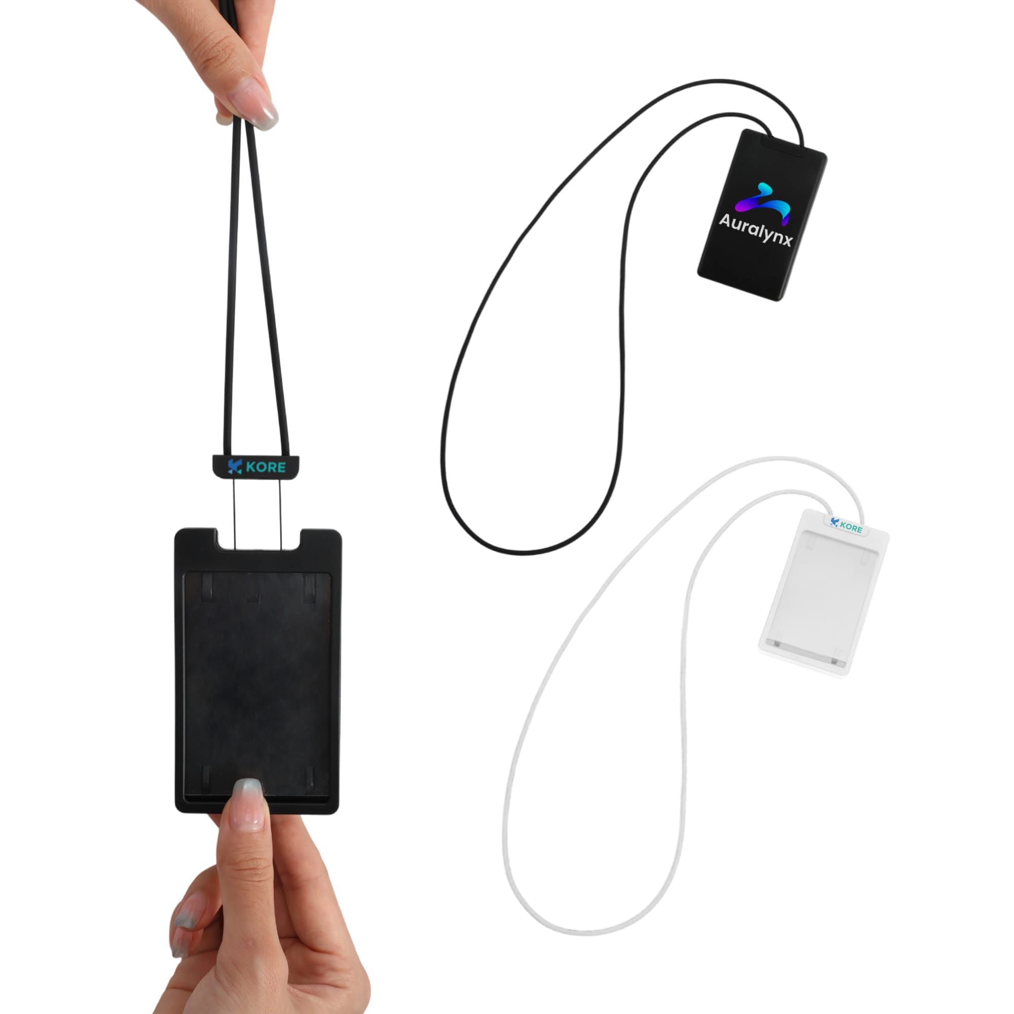 A retractable card holder with a silicone strap, available in black and white, featuring a logo. ABS Retractable Card Holder with Silicone Strap - Image 1