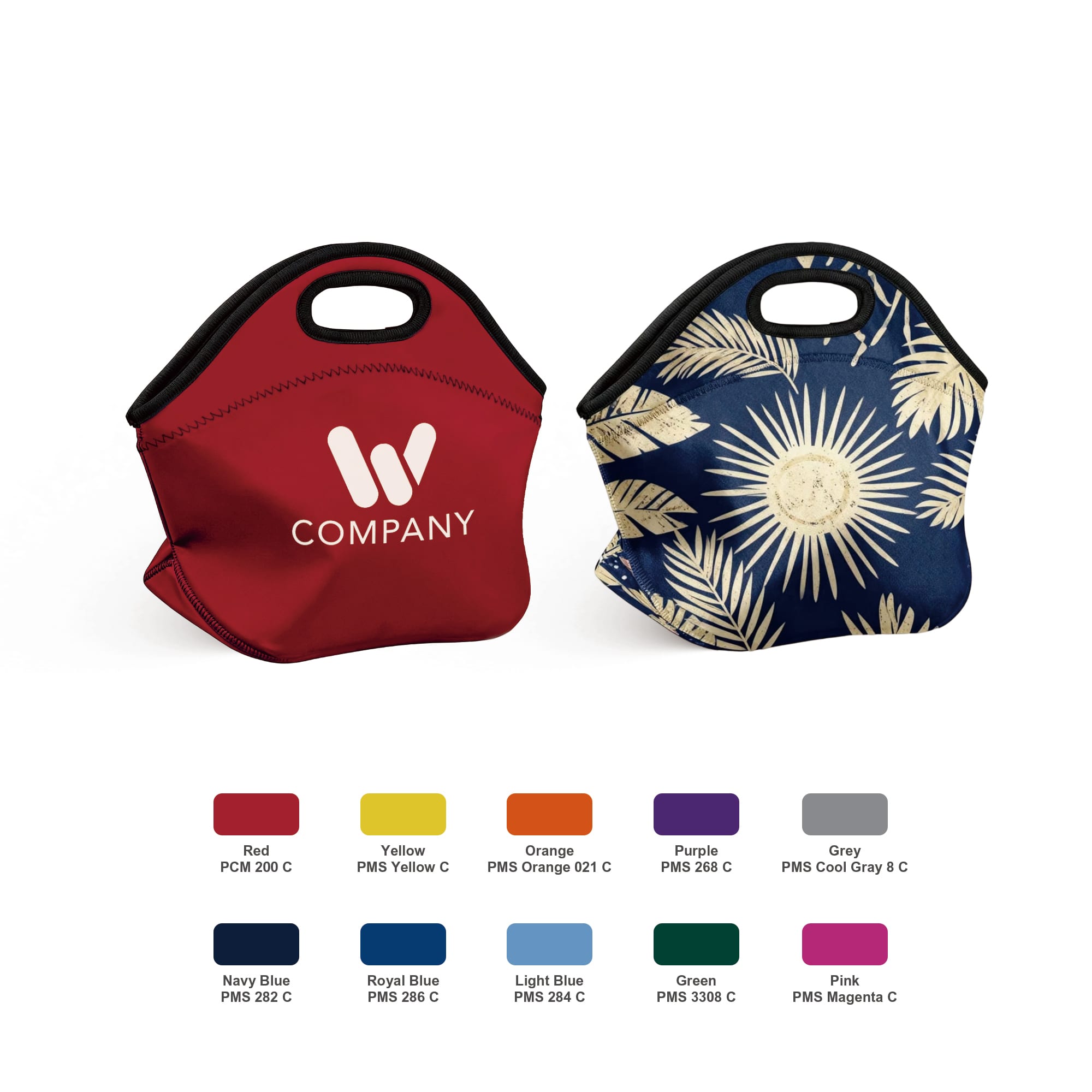A red and a blue neoprene lunch bag with handles, featuring a logo on the red bag and a floral design on the blue one. Custom Soft Neoprene Lunch Bag - Image 1