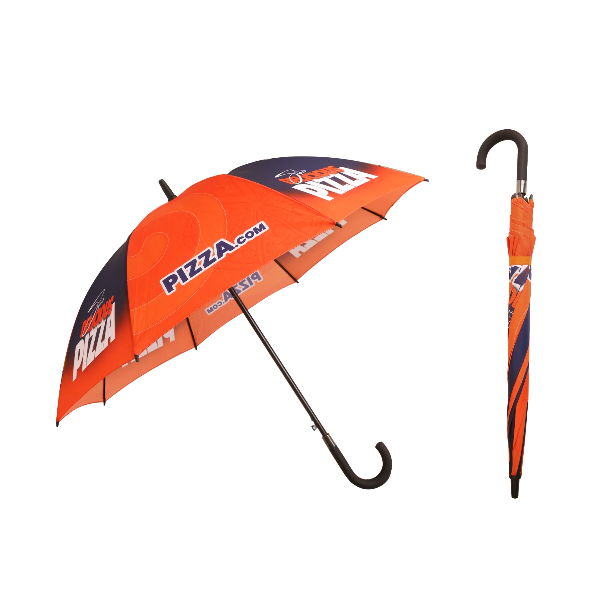 An eight-panel umbrella featuring orange and navy blue colours with a curved black handle and a logo. Classic Eight-Panel Digital Print Umbrella - 23 Inch - Image 1