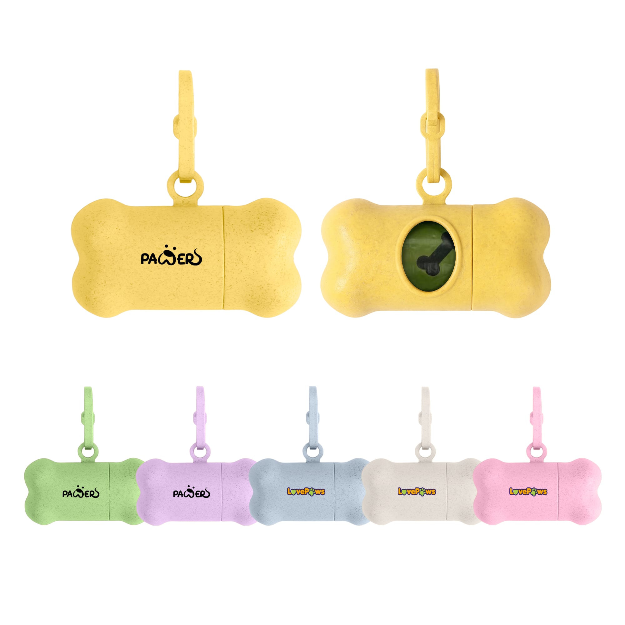 A bone-shaped pet waste bag dispenser available in yellow, pink, blue, and green colours with a clip and logo. Eco Bone Shape Pet Wastebag Dispenser - Image 1