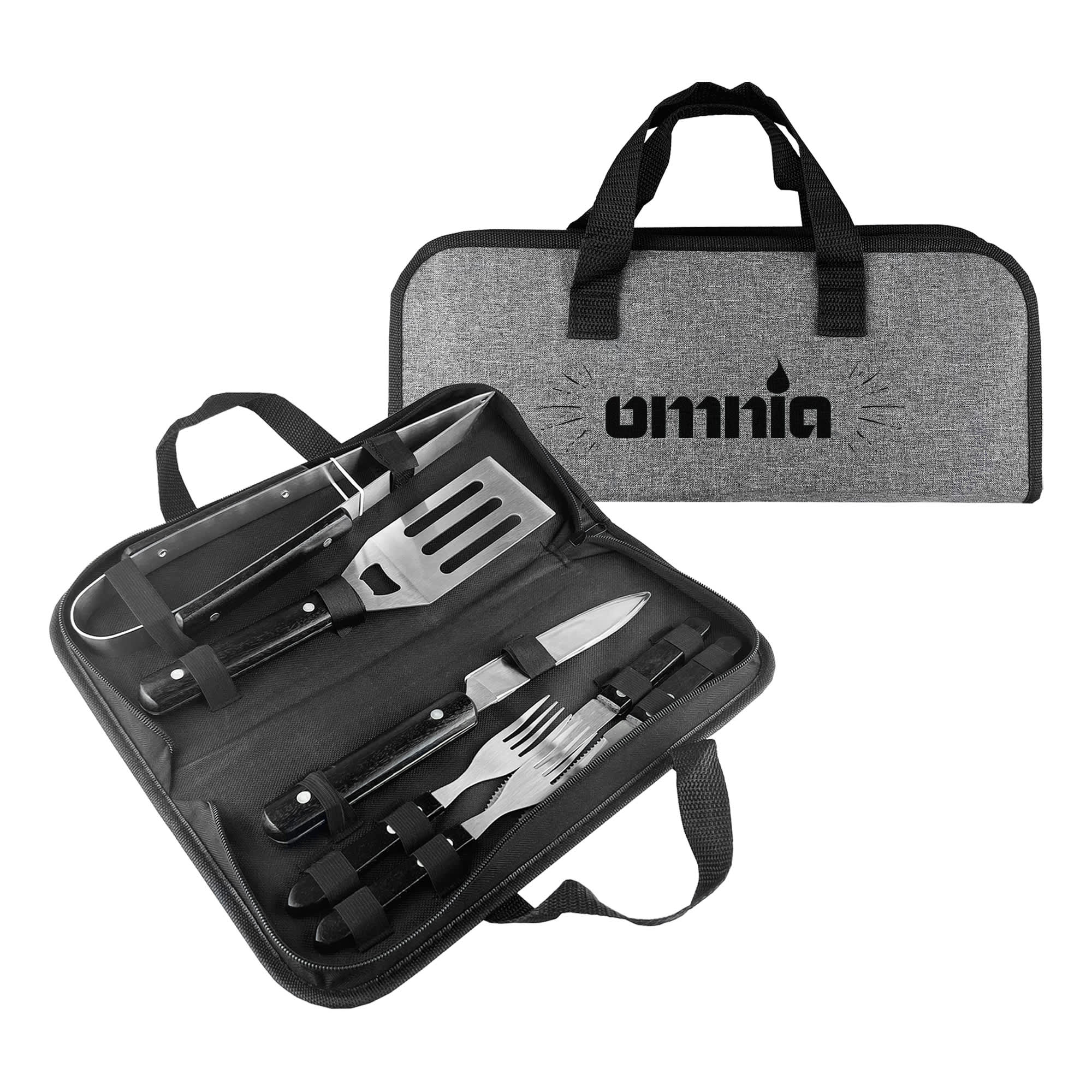 A BBQ set featuring stainless steel utensils, black handles, and a grey carrying case with a logo. Mavrick BBQ Set - Image 1