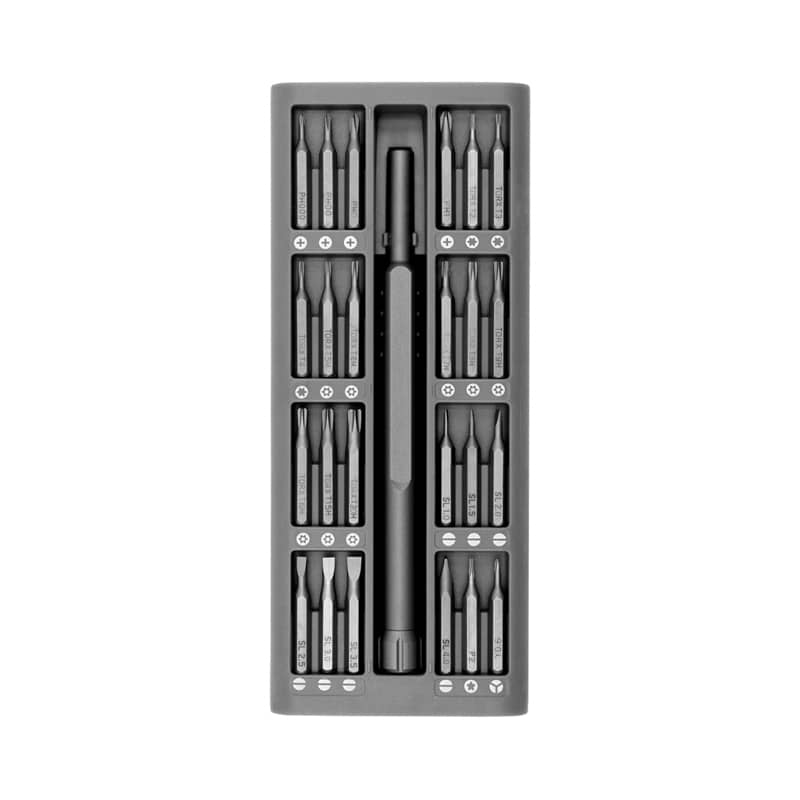 A black precision tool kit featuring various screwdriver bits and a handle, organised in a compact case with a logo. Everybit Precision Tool Kit - Image 1
