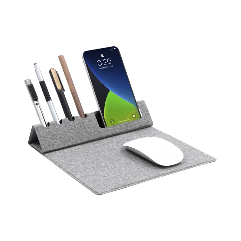 A grey foldable mouse pad with slots for pens and a phone, featuring a white mouse on the surface. Evopad Eco Foldable Mouse Pad (RPET) - Image 1