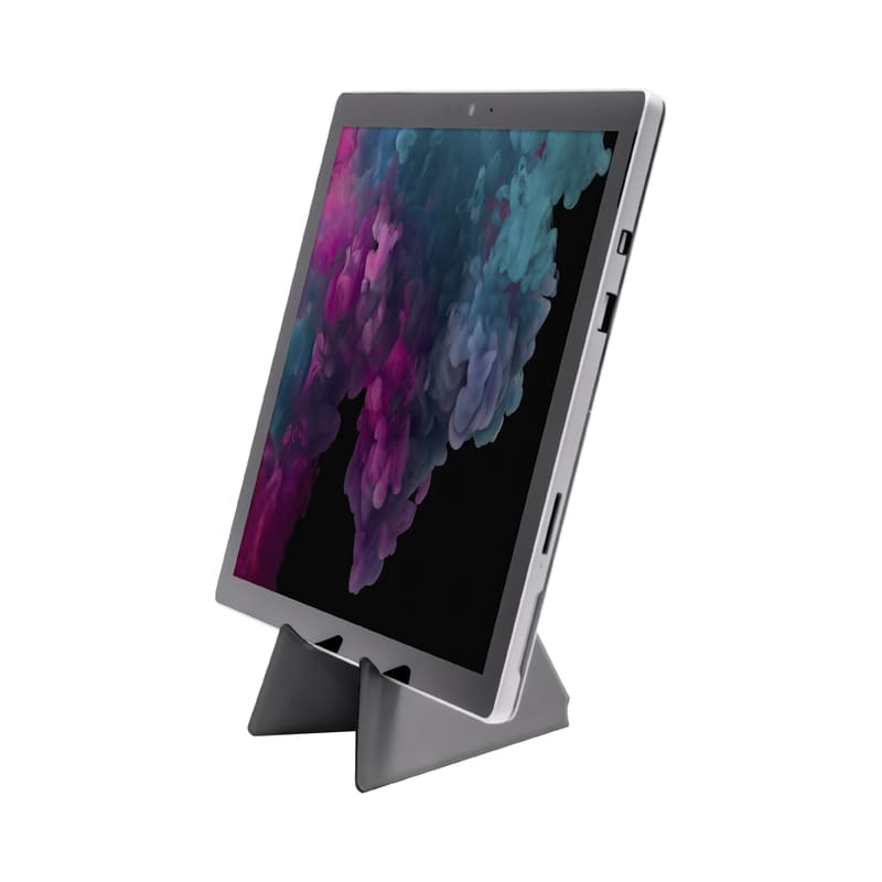 A grey phone stand displaying a tablet at an angle, featuring a sleek design with a sturdy base. Ascend Mini Stand - Image 1