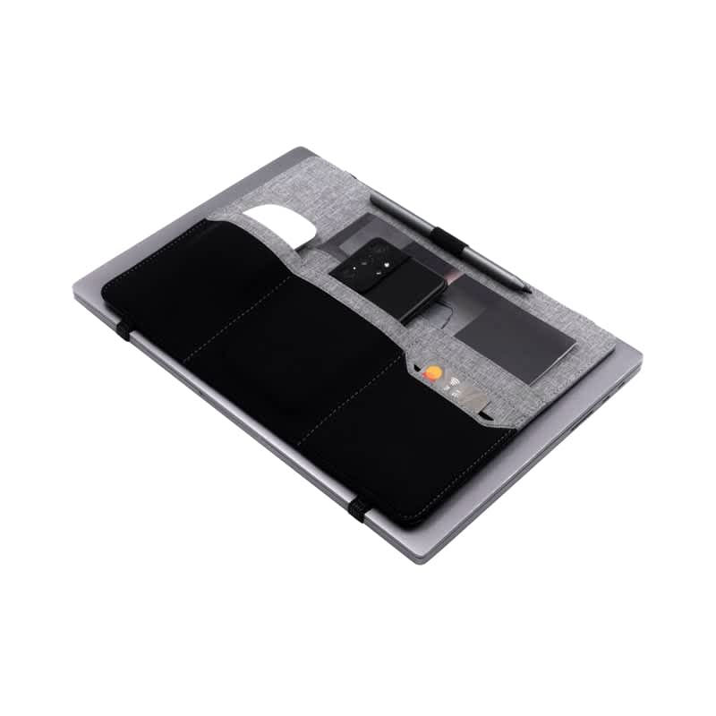 A grey clipboard made from RPET material with a black accent and storage pockets for cards and a pen. Clipboard Eco (RPET) - Image 1